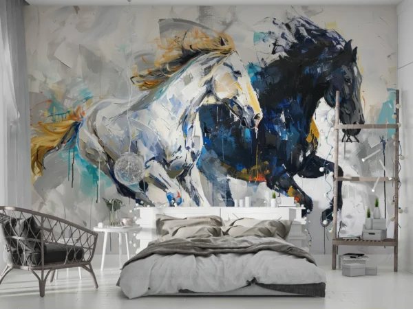 Papier Peint Chevaux Sauvages en Mouvement Style Abstrait Contemporain – Main