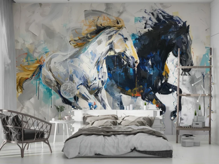 Papier Peint Chevaux Sauvages en Mouvement Style Abstrait Contemporain – Main