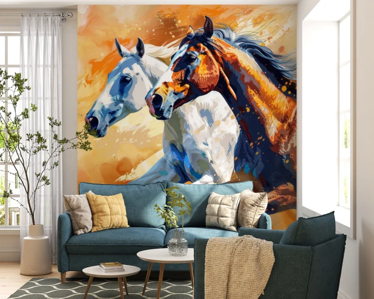 Papier Peint Chevaux Sauvages en Mouvement Style Artistique Aquarelle – Main