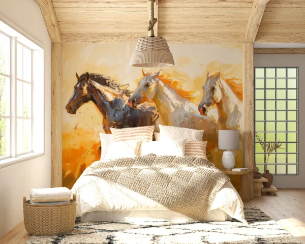 Chevaux sauvages en course dans paysage doré expressionniste – Gallery