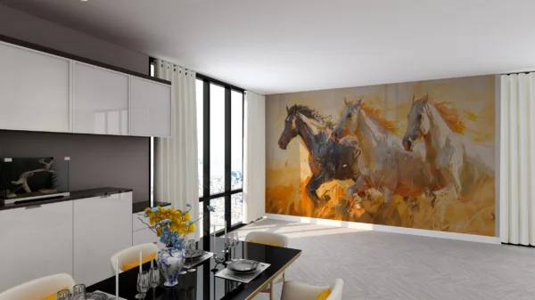 Chevaux sauvages en course dans paysage doré expressionniste – Gallery