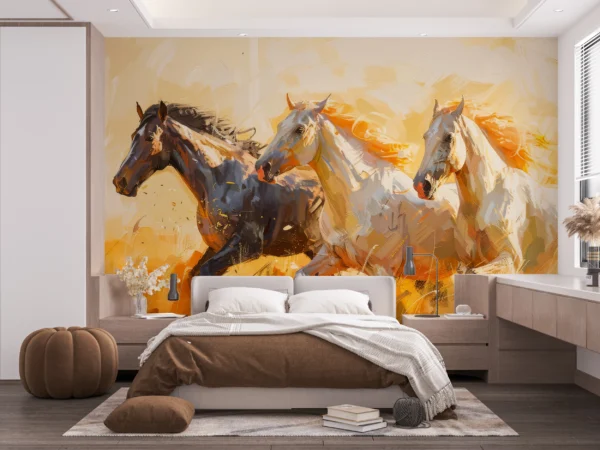 Chevaux sauvages en course dans paysage doré expressionniste – Gallery