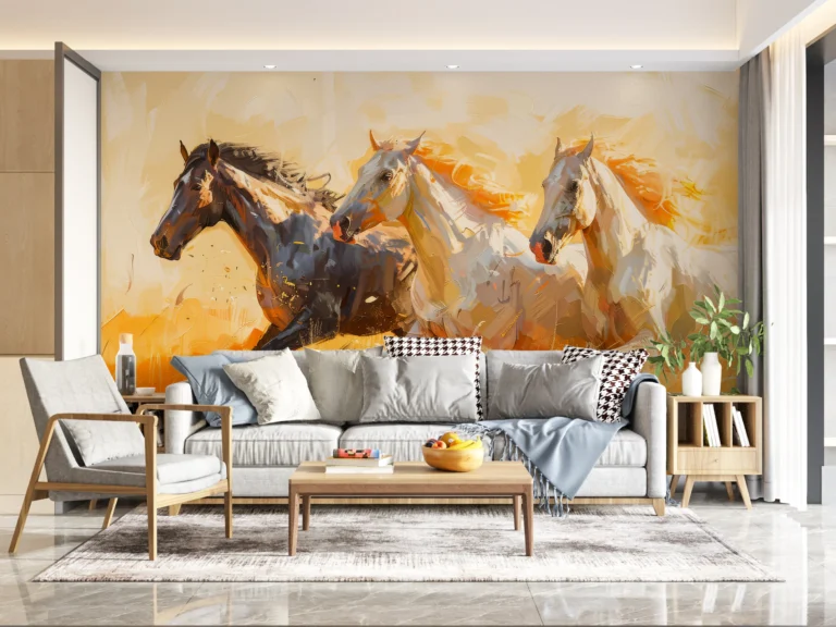 Chevaux sauvages en course dans paysage doré expressionniste – Main