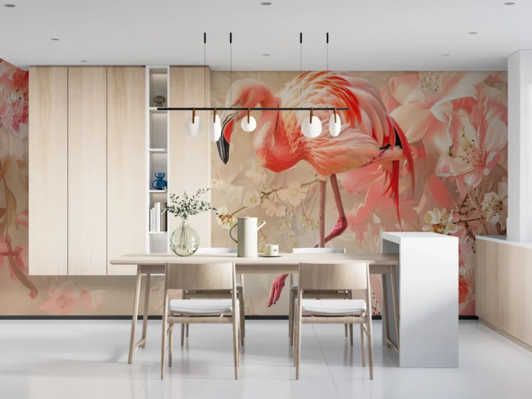 Papier Peint Flamant Rose et Fleurs de Cerisier Romantique – Main