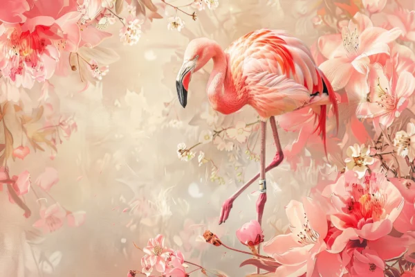 Papier Peint Flamant Rose et Fleurs de Cerisier Romantique – Wallpaper