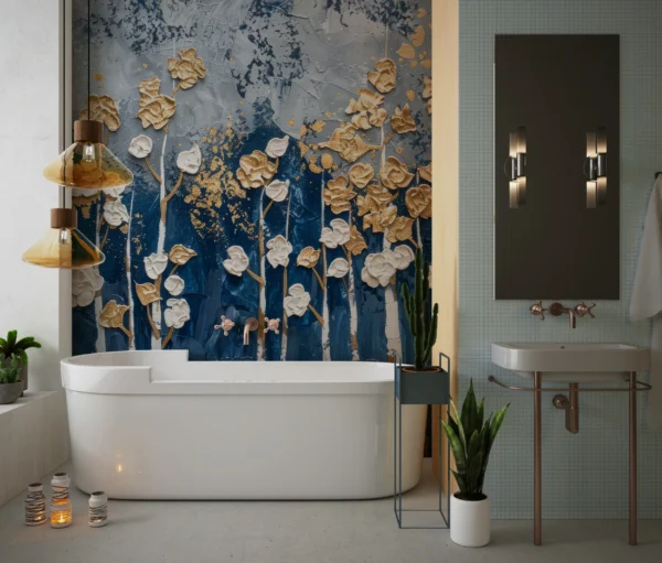 Papier Peint Fleurs Dorées et Blanches sur Fond Bleu Abstrait – Gallery
