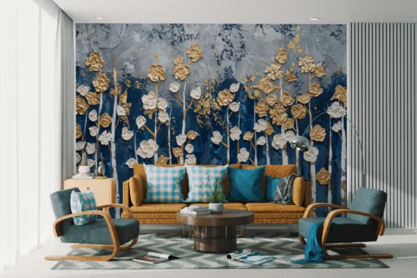 Papier Peint Fleurs Dorées et Blanches sur Fond Bleu Abstrait – Gallery