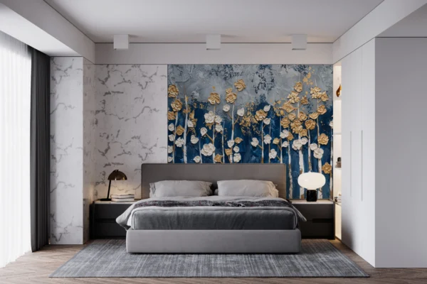 Papier Peint Fleurs Dorées et Blanches sur Fond Bleu Abstrait – Gallery