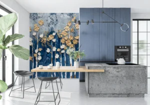 Papier Peint Fleurs Dorées et Blanches sur Fond Bleu Abstrait – Main