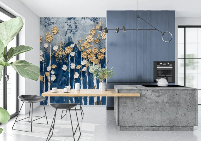 Papier Peint Fleurs Dorées et Blanches sur Fond Bleu Abstrait – Main