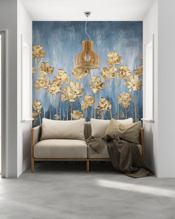 Papier Peint Fleurs Dorées sur Fond Bleu Texture Artistique – Gallery