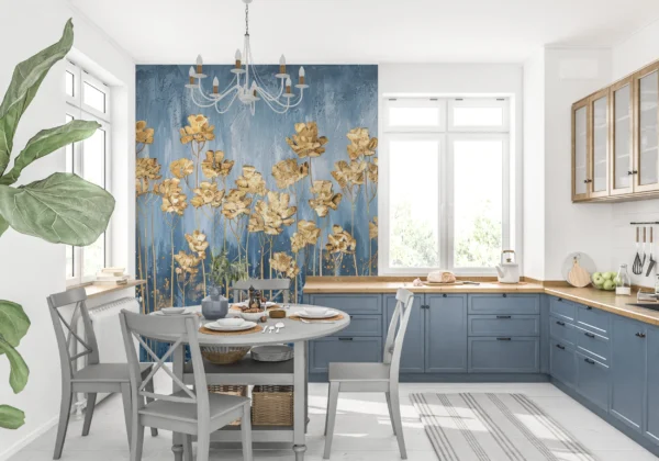 Papier Peint Fleurs Dorées sur Fond Bleu Texture Artistique – Gallery