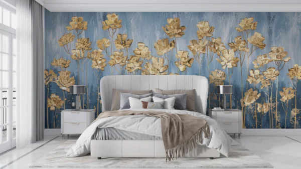 Papier Peint Fleurs Dorées sur Fond Bleu Texture Artistique – Gallery