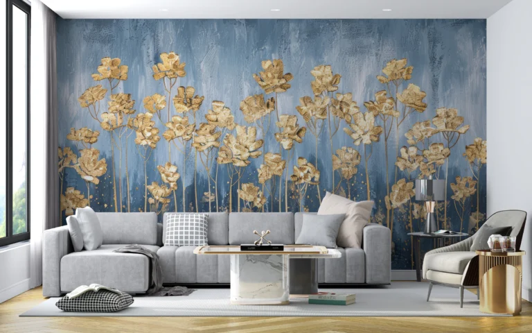 Papier Peint Fleurs Dorées sur Fond Bleu Texture Artistique – Main