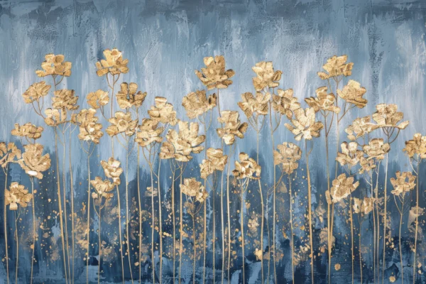 Papier Peint Fleurs Dorées sur Fond Bleu Texture Artistique – Wallpaper