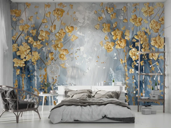 Papier Peint Artistique Fleurs Dorées sur Fond Bleu Abstrait – Gallery