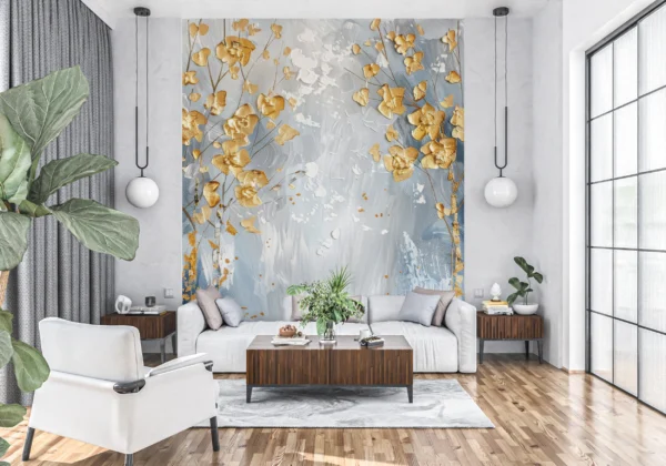 Papier Peint Artistique Fleurs Dorées sur Fond Bleu Abstrait – Gallery