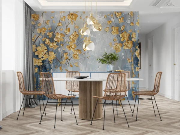 Papier Peint Artistique Fleurs Dorées sur Fond Bleu Abstrait – Gallery