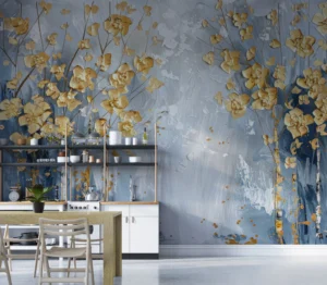 Papier Peint Artistique Fleurs Dorées sur Fond Bleu Abstrait – Main