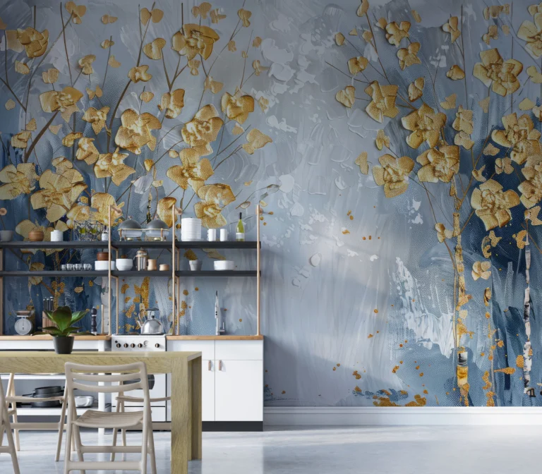 Papier Peint Artistique Fleurs Dorées sur Fond Bleu Abstrait – Main