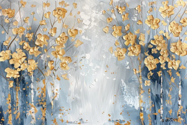 Papier Peint Artistique Fleurs Dorées sur Fond Bleu Abstrait – Wallpaper