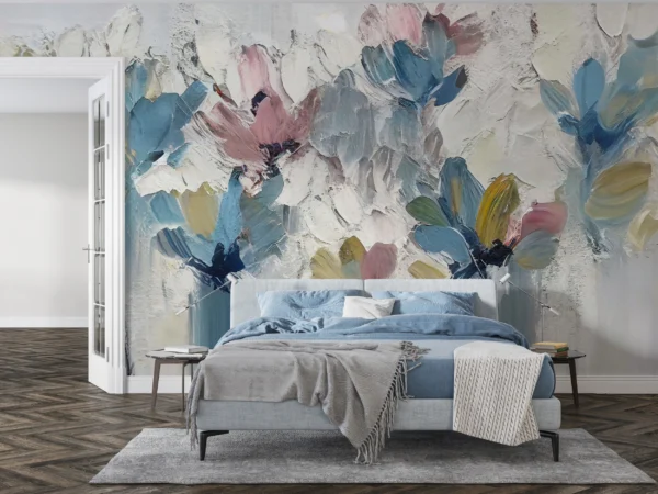 Papier Peint Floral Abstrait aux Nuances Bleues et Roses Délicates – Gallery