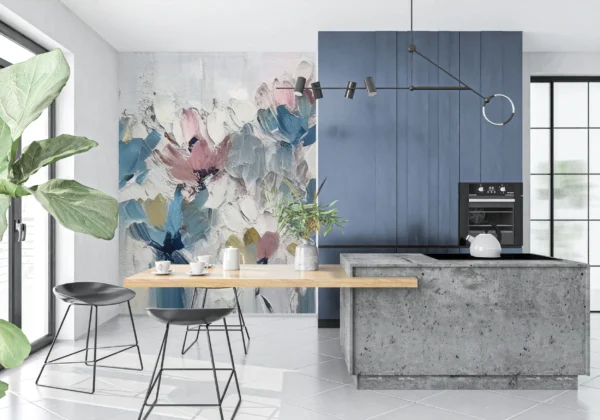 Papier Peint Floral Abstrait aux Nuances Bleues et Roses Délicates – Gallery