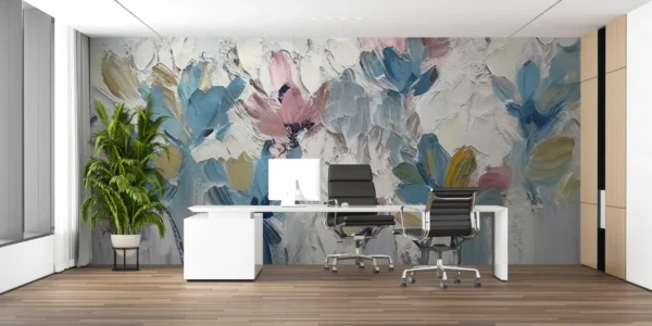 Papier Peint Floral Abstrait aux Nuances Bleues et Roses Délicates – Gallery