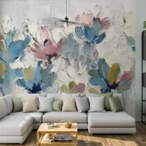 Papier Peint Floral Abstrait aux Nuances Bleues et Roses Délicates