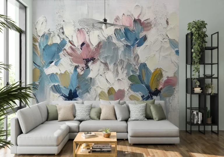 Papier Peint Floral Abstrait aux Nuances Bleues et Roses Délicates – Main