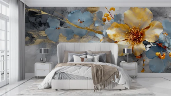 Papier Peint Floral Aquarelle Moderne Doré Bleu Gris Élégant – Gallery