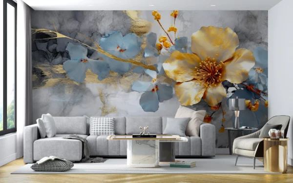 Papier Peint Floral Aquarelle Moderne Doré Bleu Gris Élégant – Gallery