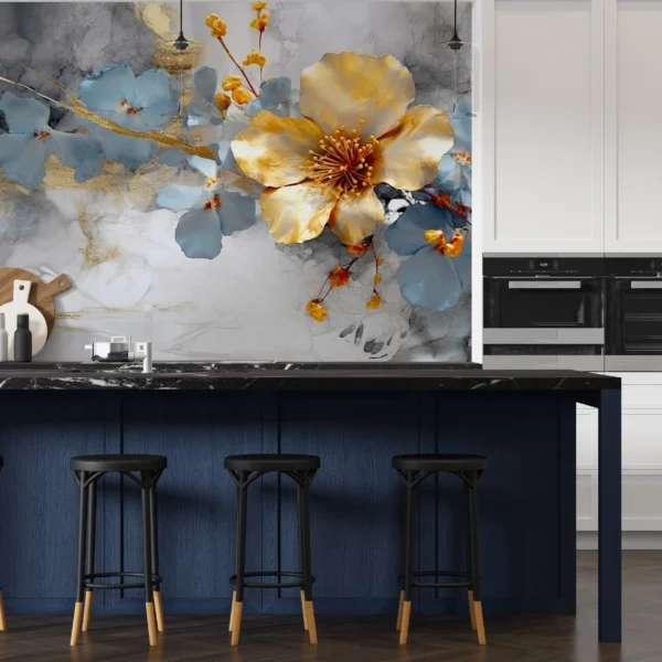 Papier Peint Floral Aquarelle Moderne Doré Bleu Gris Élégant – Gallery