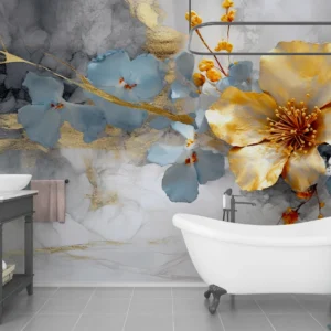 Papier Peint Floral Aquarelle Moderne Doré Bleu Gris Élégant