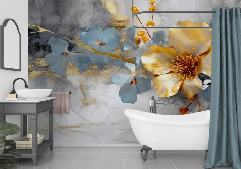 Papier Peint Floral Aquarelle Moderne Doré Bleu Gris Élégant – Main