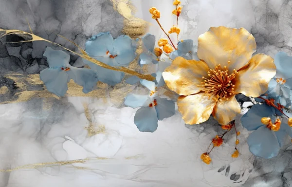 Papier Peint Floral Aquarelle Moderne Doré Bleu Gris Élégant – Wallpaper