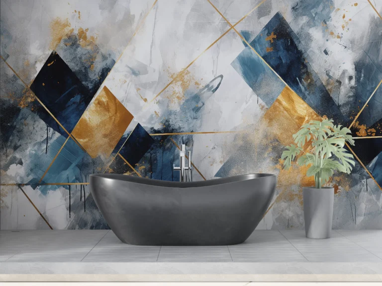 Papier Peint Géométrique Abstrait Bleu Or Moderne Artistique – Main