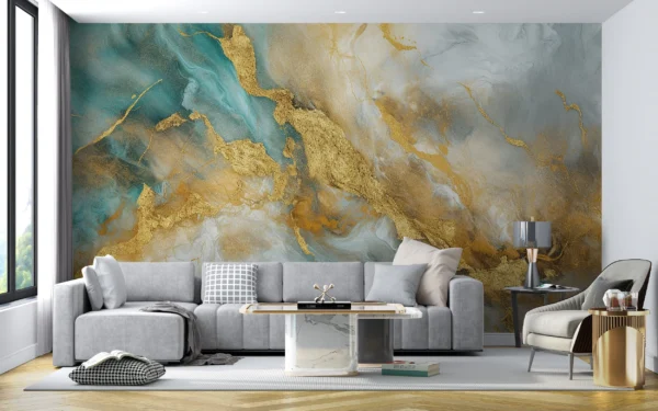Papier Peint Marbre Abstrait Doré et Turquoise Effet Luxueux – Gallery