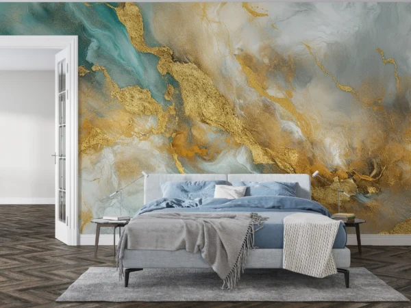 Papier Peint Marbre Abstrait Doré et Turquoise Effet Luxueux – Gallery