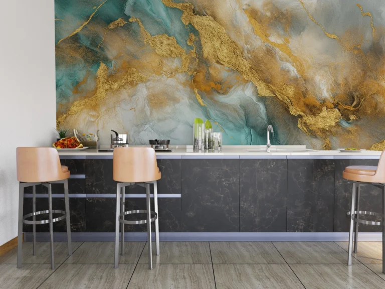 Papier Peint Marbre Abstrait Doré et Turquoise Effet Luxueux – Main