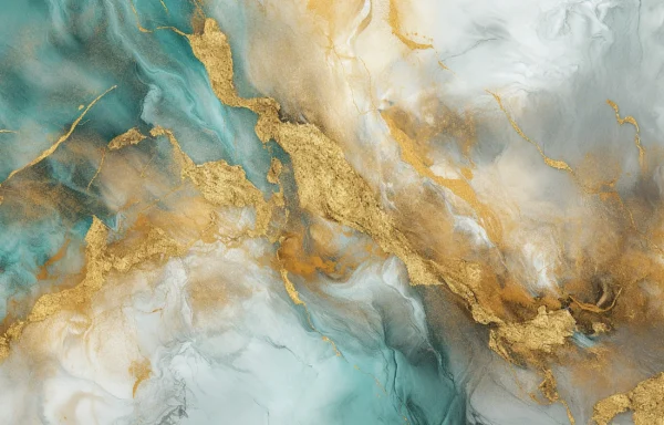 Papier Peint Marbre Abstrait Doré et Turquoise Effet Luxueux – Wallpaper