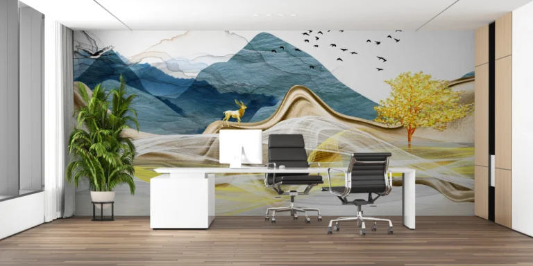 Paysage Montagnard Doré avec Cerf et Oiseaux Migrateurs – Main