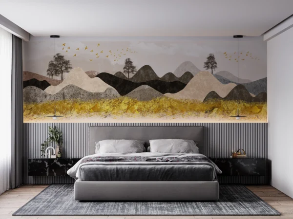 Papier peint paysage montagnard doré avec oiseaux migrateurs stylisé – Gallery