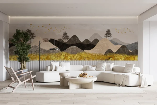 Papier peint paysage montagnard doré avec oiseaux migrateurs stylisé – Gallery