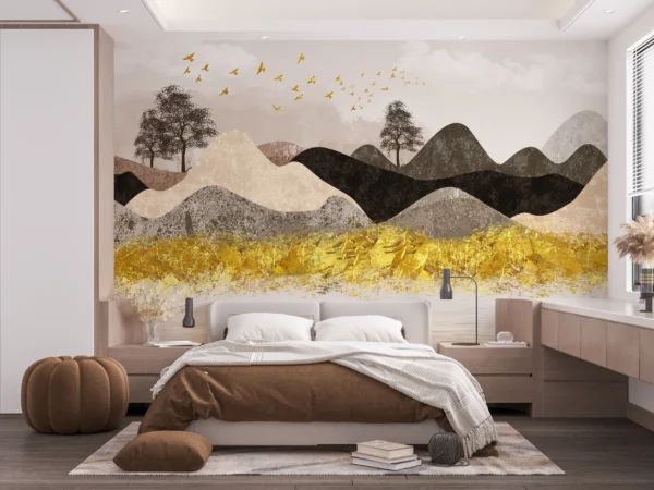 Papier peint paysage montagnard doré avec oiseaux migrateurs stylisé – Gallery