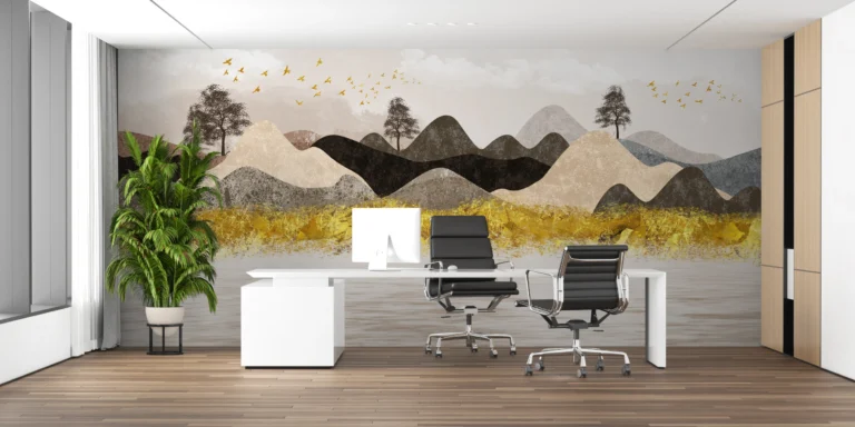 Papier peint paysage montagnard doré avec oiseaux migrateurs stylisé – Main