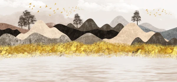 Papier peint paysage montagnard doré avec oiseaux migrateurs stylisé – Wallpaper