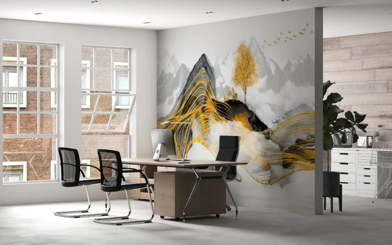 Papier Peint Montagne Dorée avec Cerf et Arbre Stylisé – Main