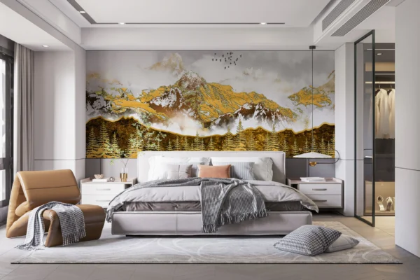 Papier Peint Montagne Dorée Avec Forêt de Sapins et Oiseaux – Gallery