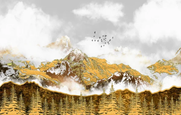 Papier Peint Montagne Dorée Avec Forêt de Sapins et Oiseaux – Gallery